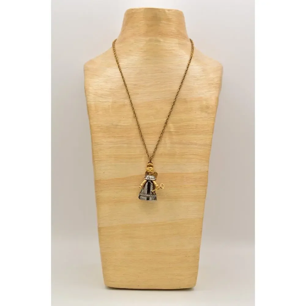 Vintage Guardian Angel Necklace Heavy Pendant Gold Silver Chunky 1980s BinA17